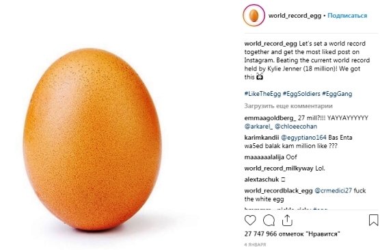 Рекордсмен Инстаграма - обычное куриное яйцо 