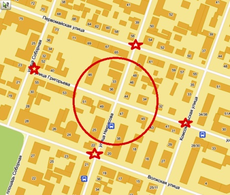 Карта оккупации улиц у дома С. Аренина, звездочками отмечены ДПС